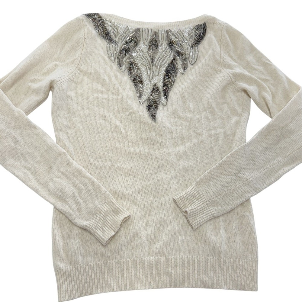 Coincidence & Chance Cardigan Women Medium Cream Beaded Sequin Angora Wool Blend